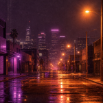 Calle urbana nocturna con luces cálidas y neón violeta, evocando el disco Ciudad Anterior