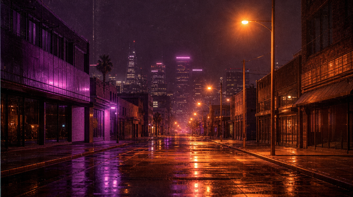 Calle urbana nocturna con luces cálidas y neón violeta, evocando el disco Ciudad Anterior
